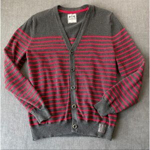 Express Striped Cardigan Sweater Mens S Gray Red Preppy Knit Ivy League Casual